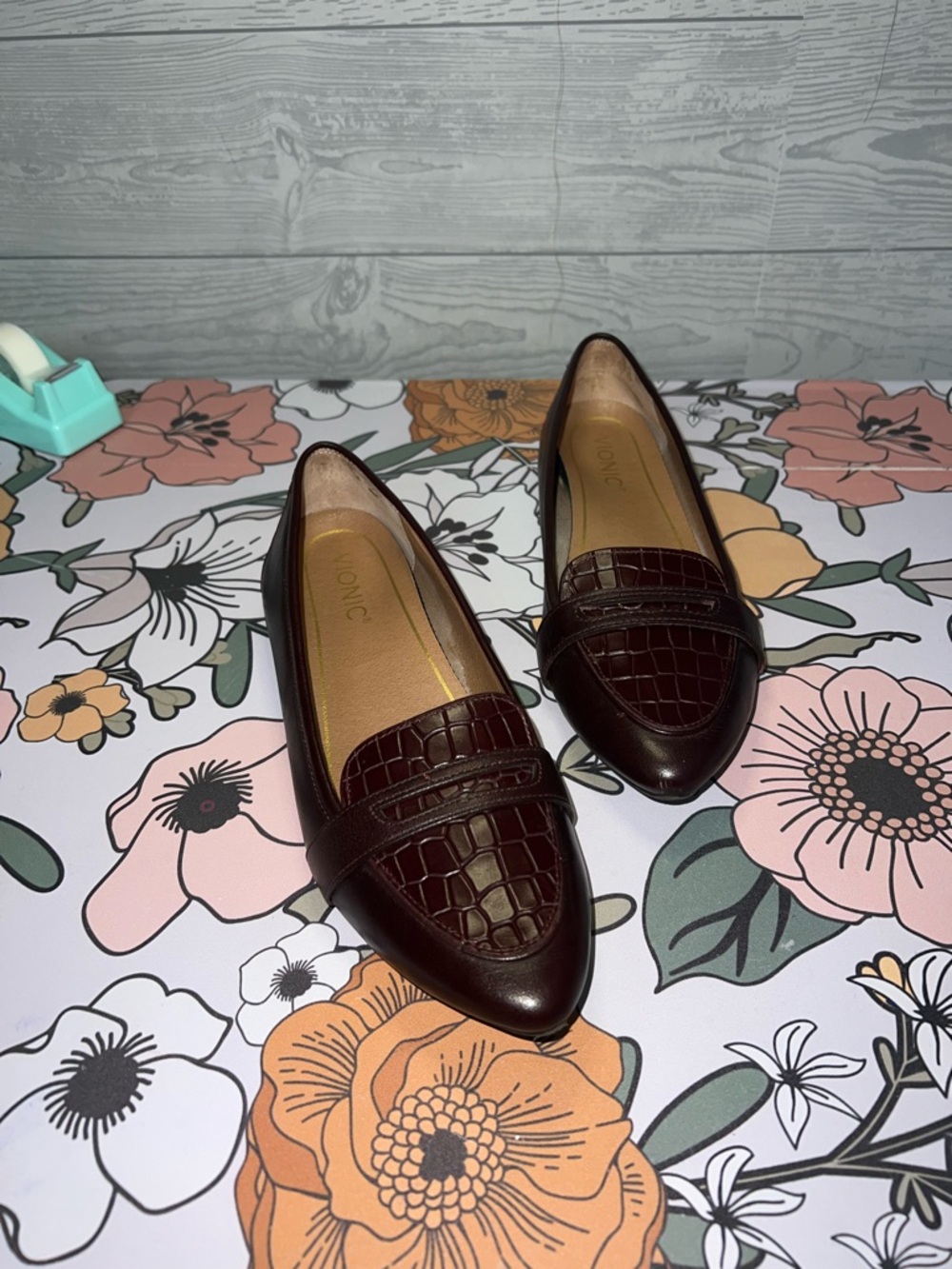 Vionic Pointed-Toe Croc-Embossed Loafers in Dark Brown